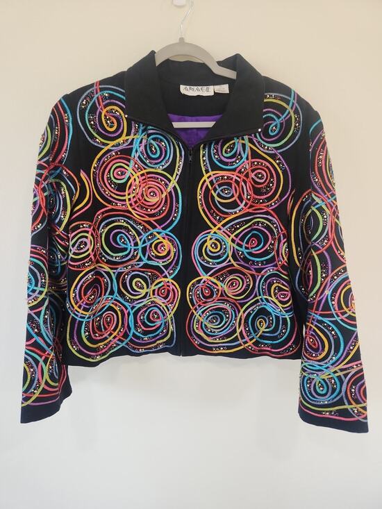Ladies Jackets & Blazers - Ladies Multicolor Jacket Anage Size XL Zip Up BEADED Embellished Artsy